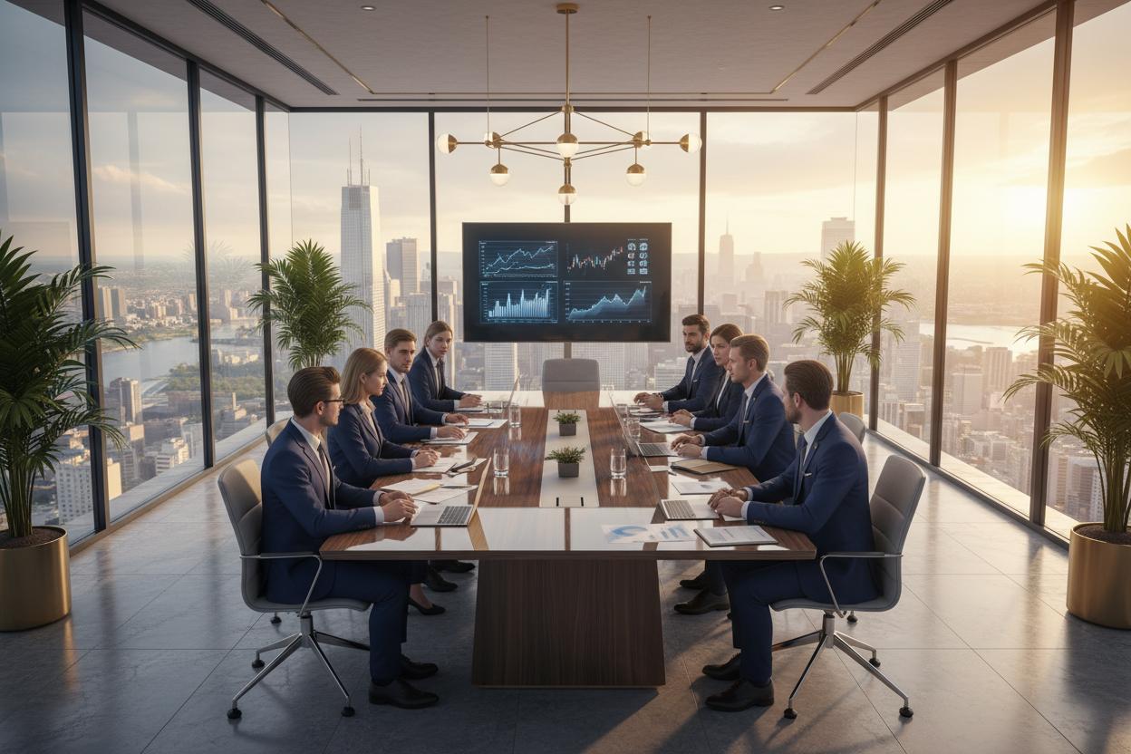 Modern corporate strategy meeting in glass boardroom