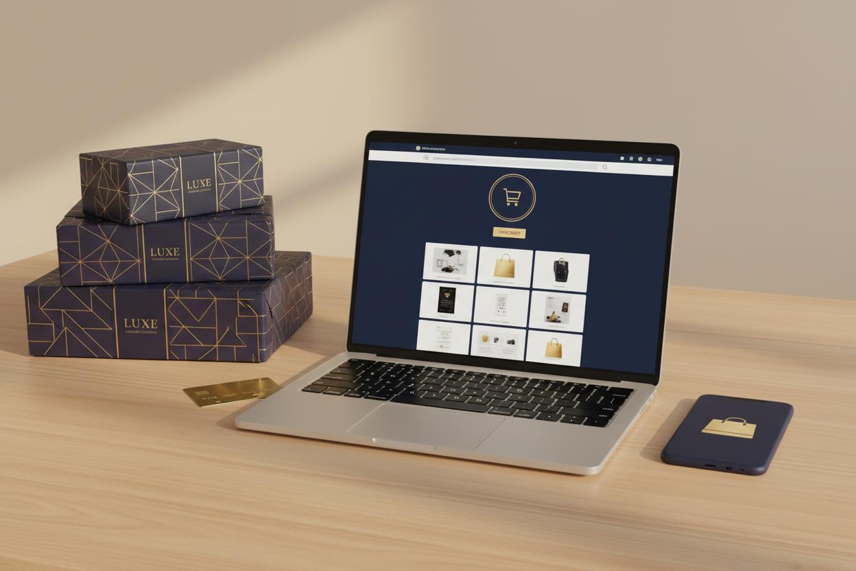 Modern e-commerce setup with laptop showing online shopping interface