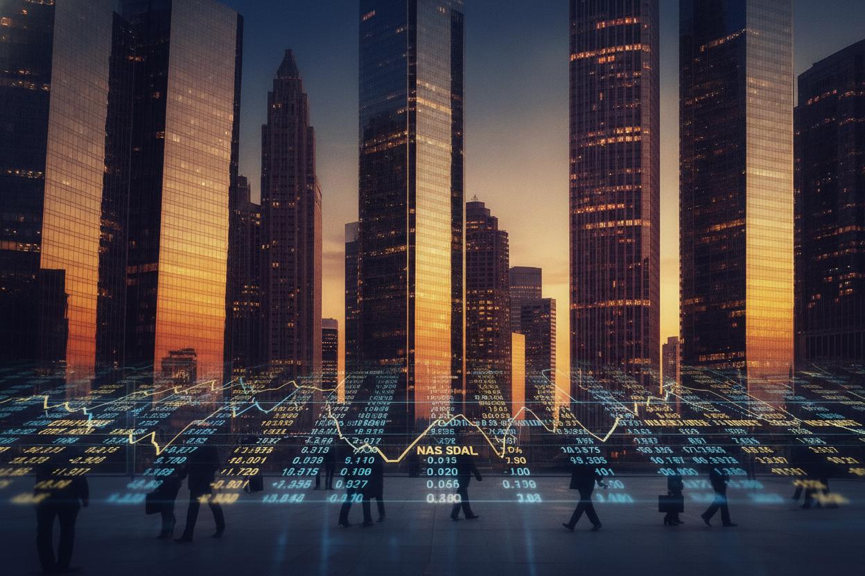 Financial district skyline at golden hour with market data