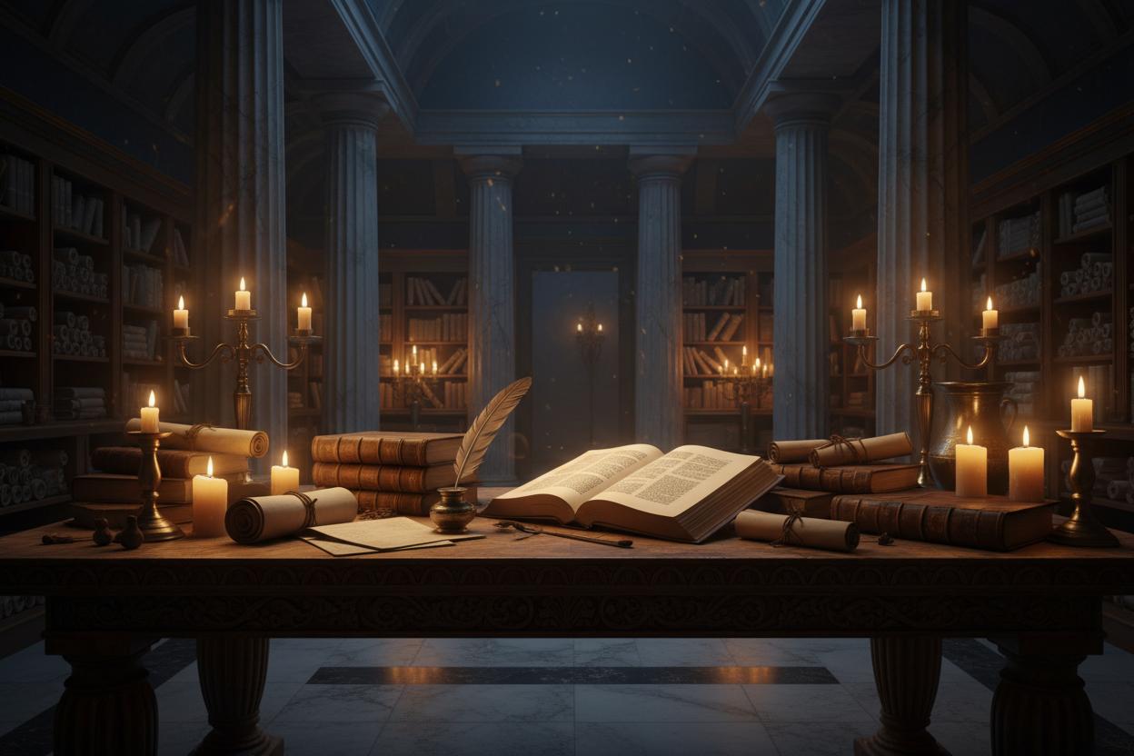 Ancient library with classical manuscripts and candlelight