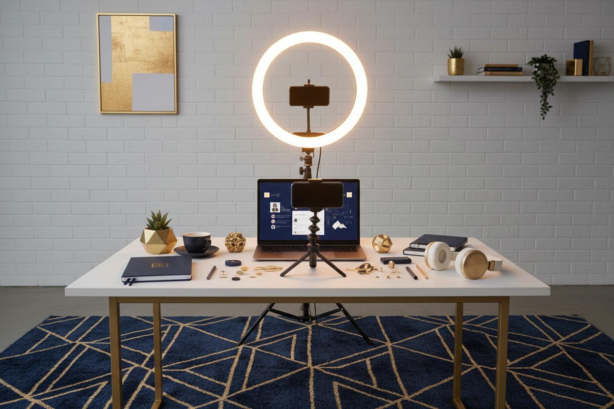 Social media content creation studio with ring light setup