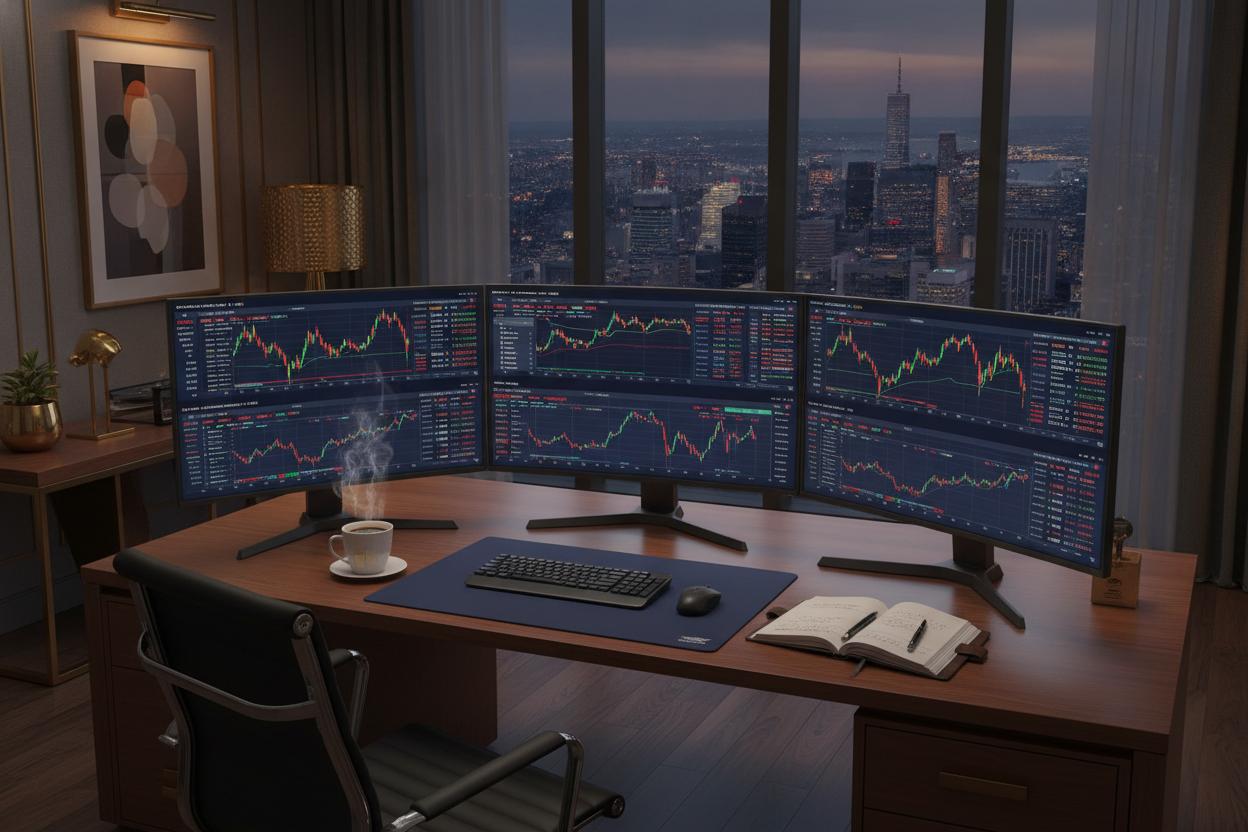 Professional trading desk with multiple monitors showing charts